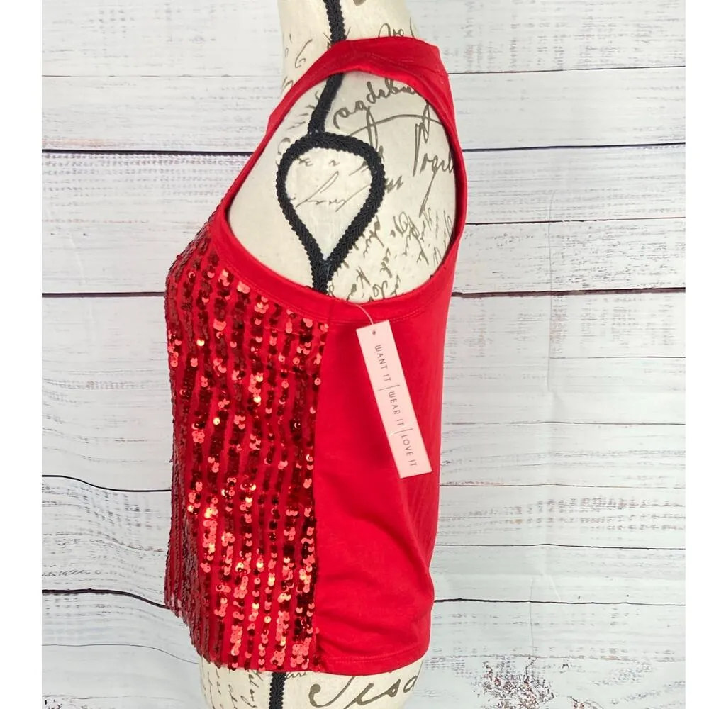 Crave Fame Tank Top Women S Red Sleeveless Sequin Front Knit Back Crew Neck NEW - Image 6