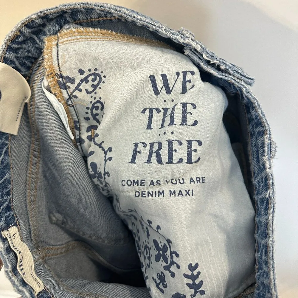 FREE PEOPLE Come As You Are Denim Maxi Skirt in Wash Sapphire Blue With Slit 4 - Image 12