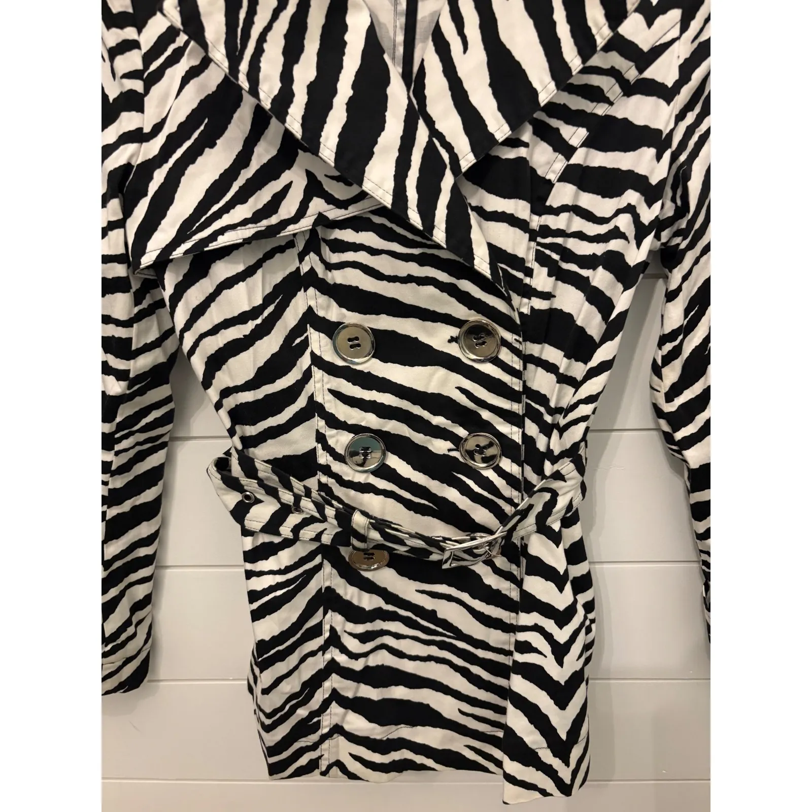 Just B Zebra Print Trench Coat Women's Small Belted Double Breasted Animal Black - Image 2