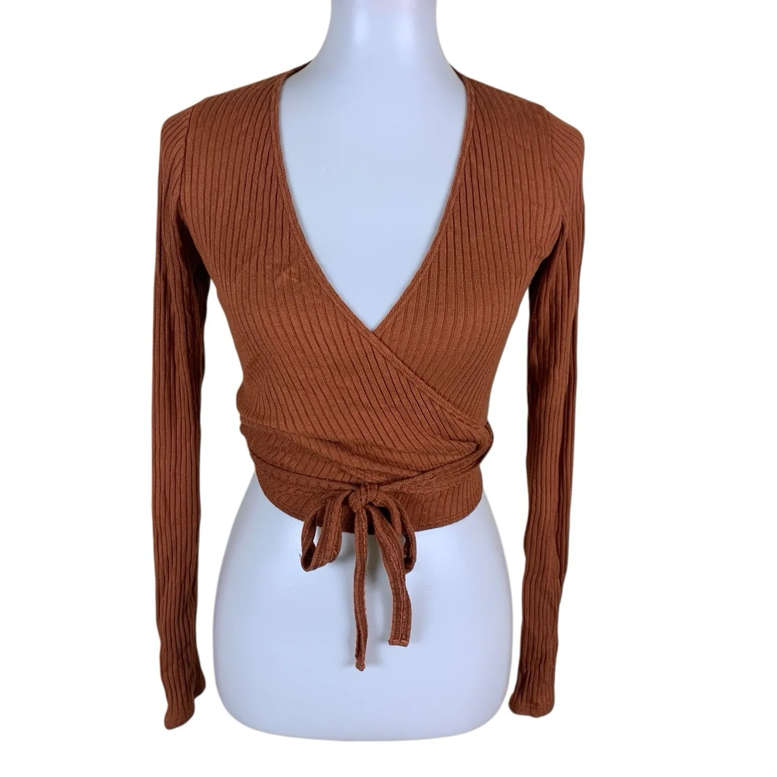 Reformation Petalo Brown Ribbed Wrap Tie Crop Top Sustainable Stretch Small - Image 2
