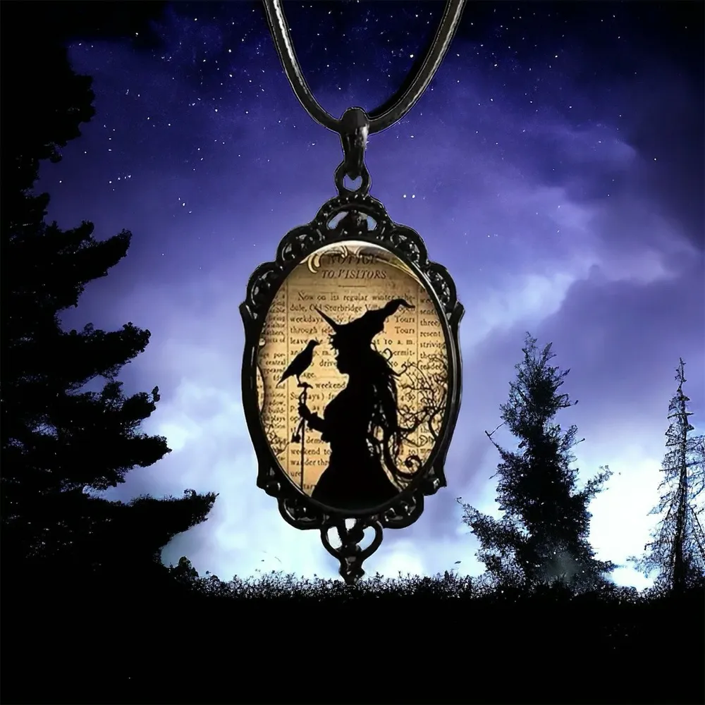 Witch And‎ Raven Cameo Black Pendant, Vintage Style Gothic Crow Glass Pendant - Image 2