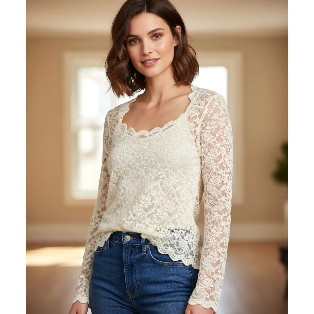 GUESS Ivory Lace Sweetheart Neck Long sleeve Sheer Blouse Women's Size XL - Image 12