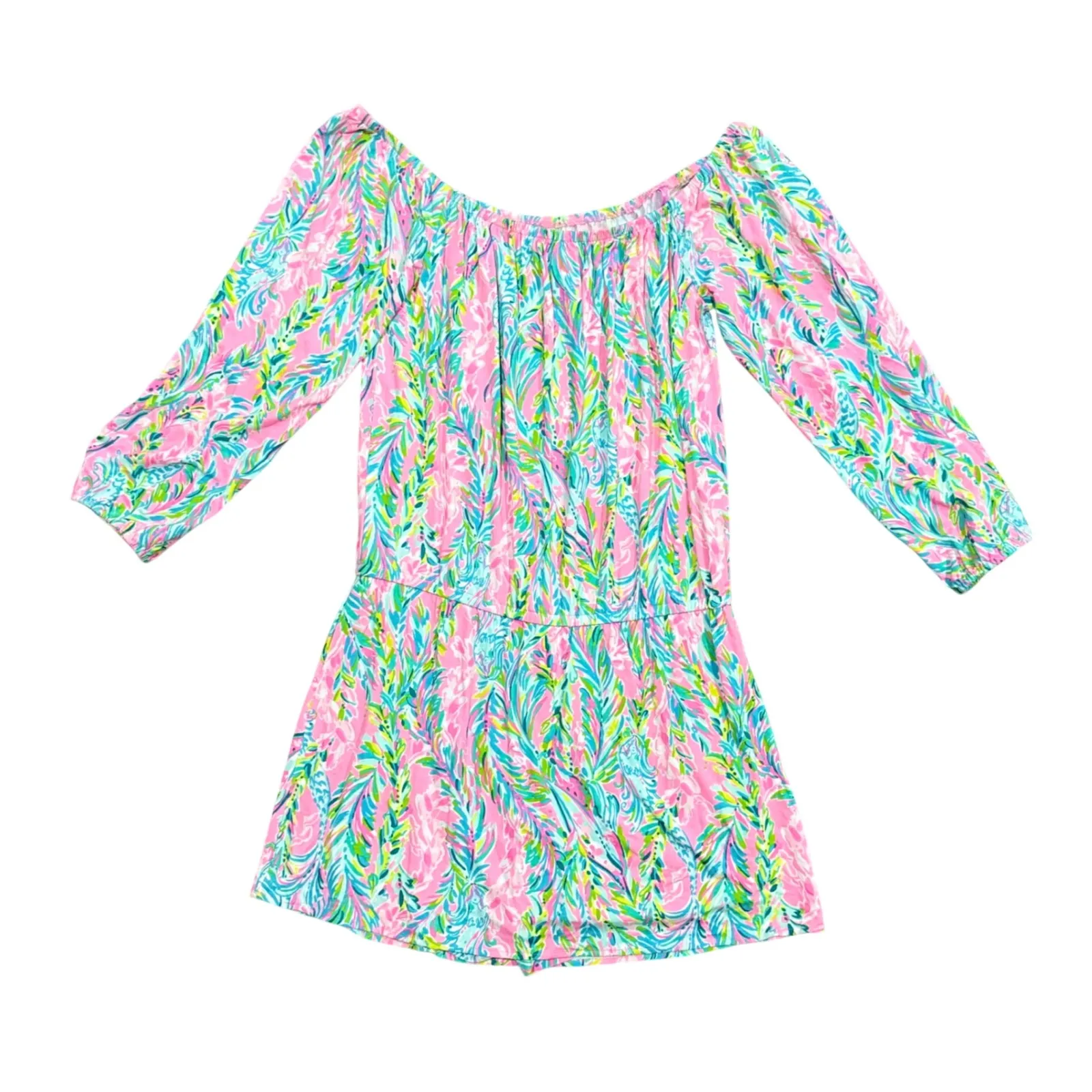 Lilly Pulitzer Off The Shoulder Long Sleeve Romper Dress Pink  Print Size L - Image 3
