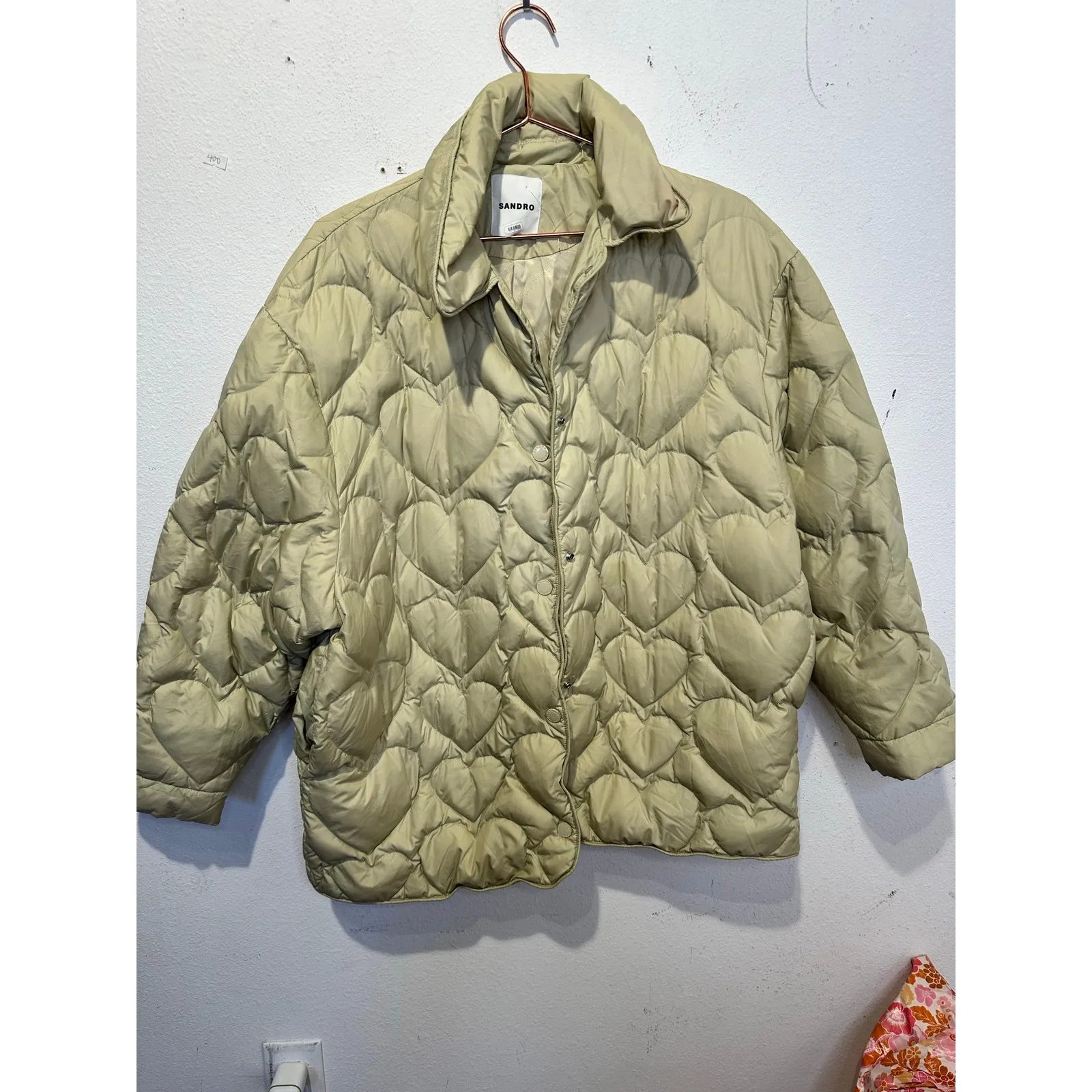 SANDRO Light Sage Gloriana Heart Quilted Puffer Button Up Jacket sz 36 FLAWED - Image 4