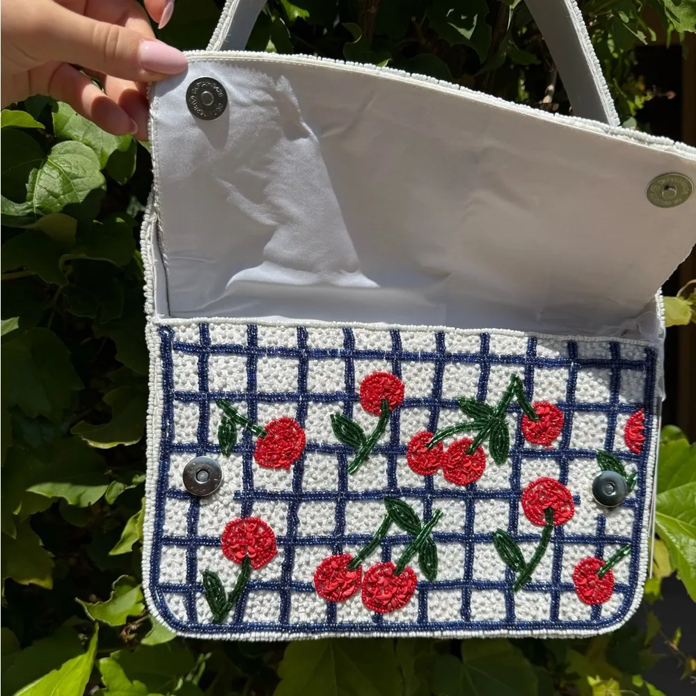 NWT Cherry Red Green Navy & White Checkered Beaded Bag Made in India Viral - Image 4