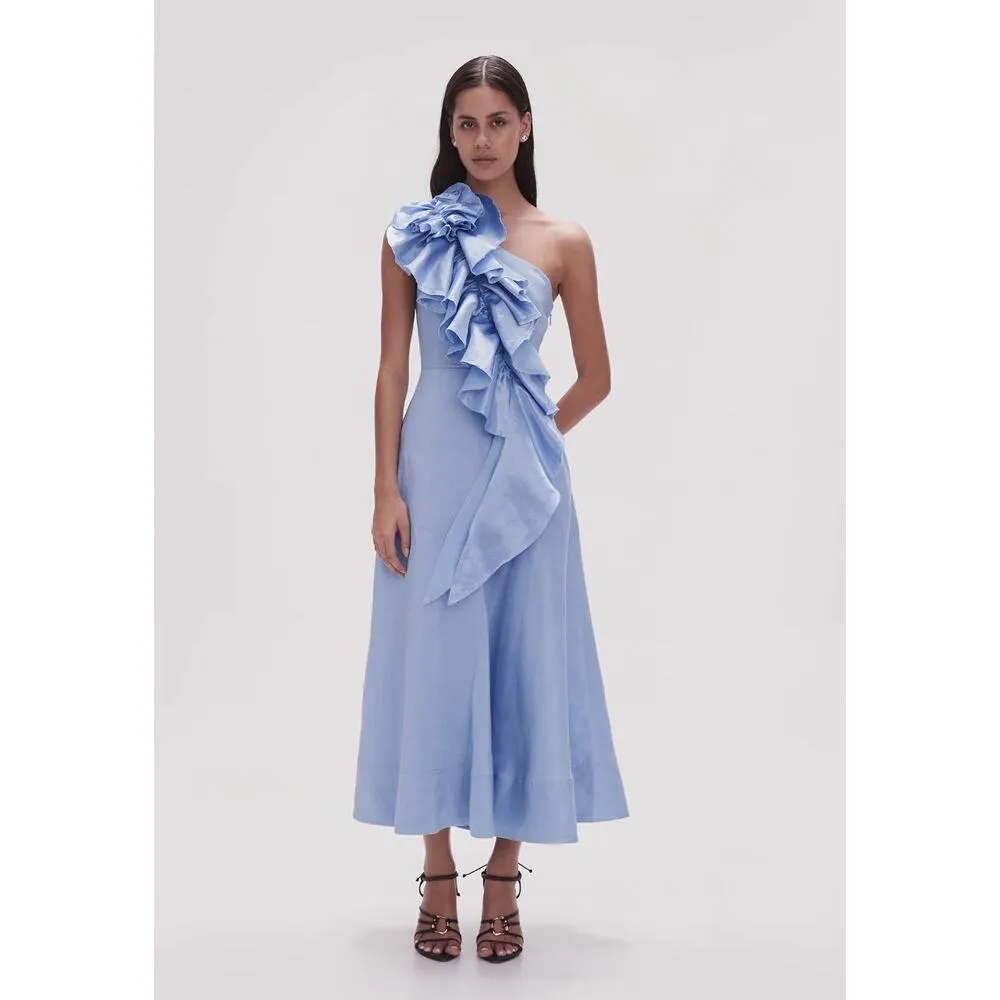 NEW Aje Adelia Ruffle‎ Midi Dress AU 10 US 6 Light Sky Blue One Shoulder Midi - Image 6