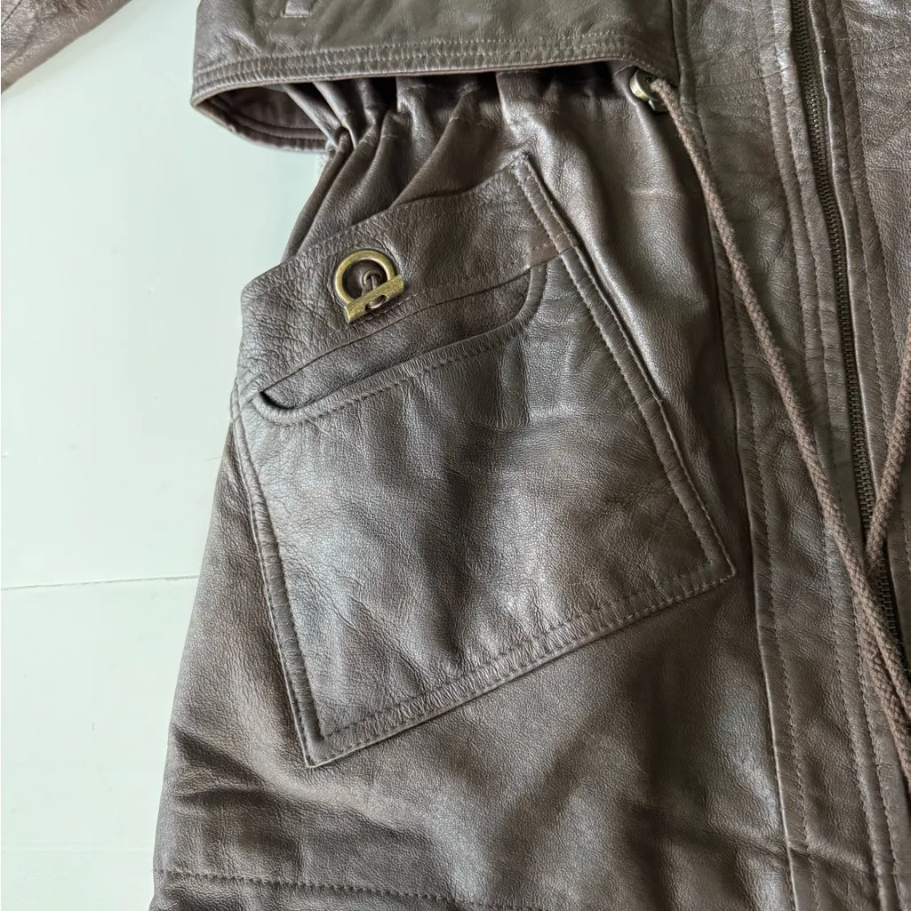 Vintage GIII Brown Genuine Leather Jacket Hooded Anorak Trench Coat Sz Small - Image 9