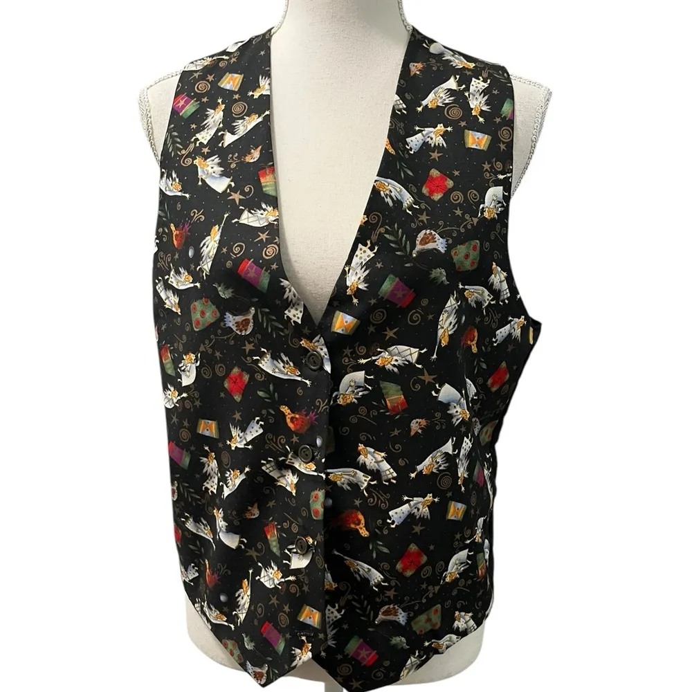 Vintage Novelty Christmas Holiday Angels Presents Stars Unisex Vest M/L USA Made Black Size undefined - Image 2