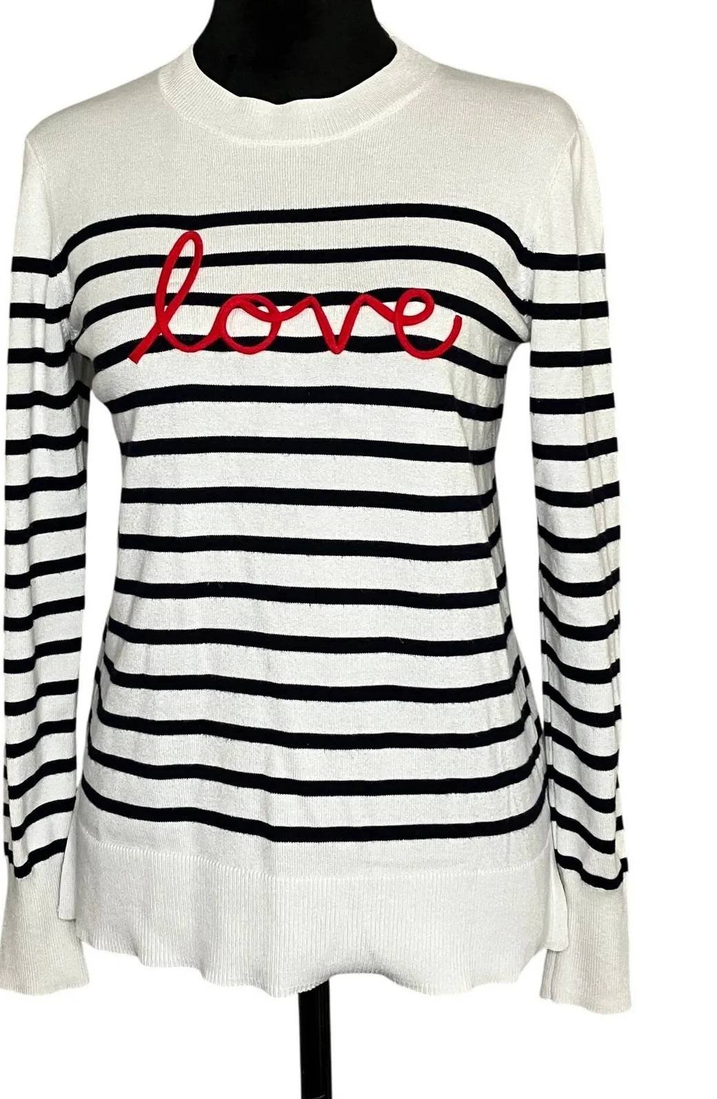 Marled Crewneck Long Sleeve Striped Love Sweater Black White Red Twee Preppy XS Multiple - Image 1