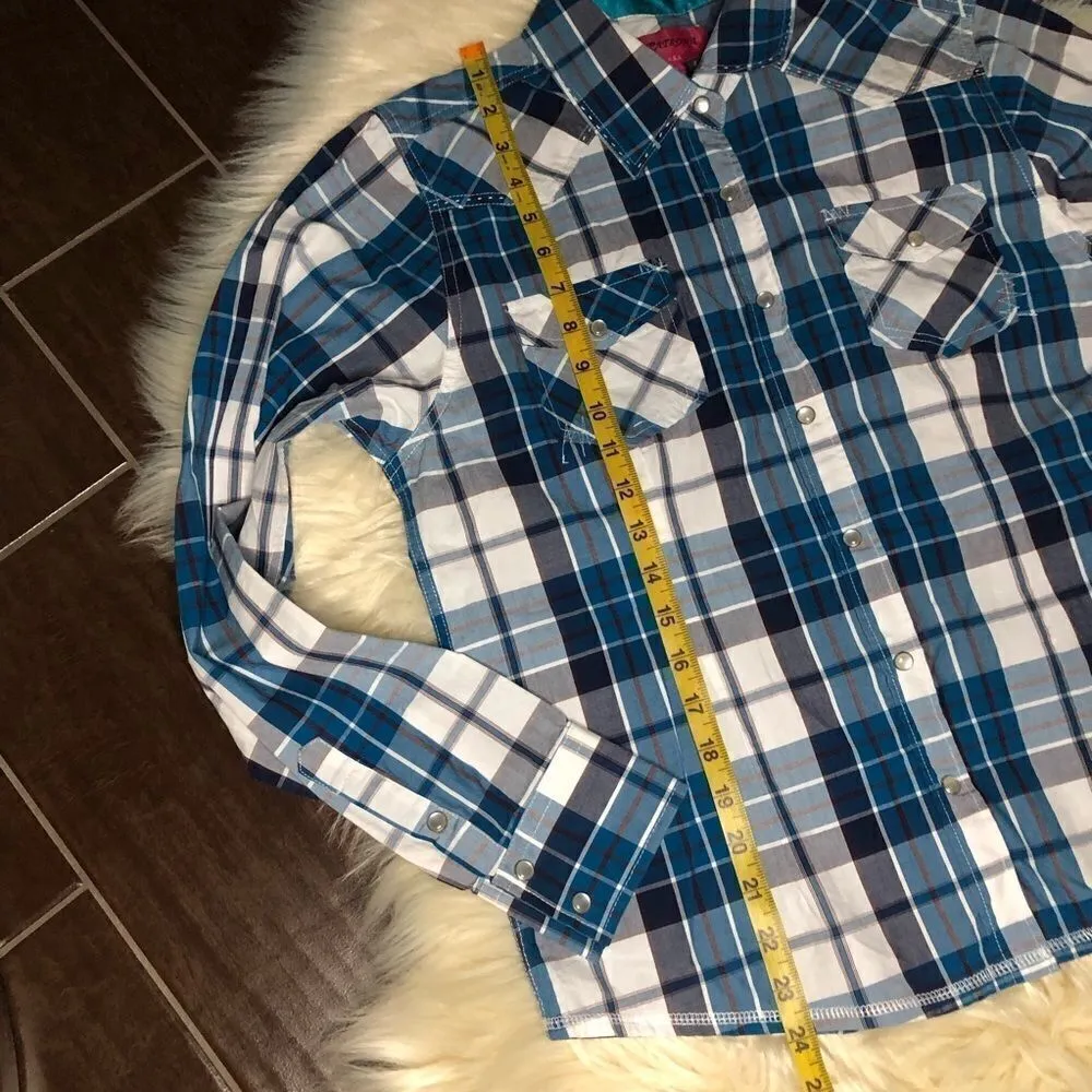 Patrona USA turquoise/navy plaid pearl snap sz LG Blue - Image 5