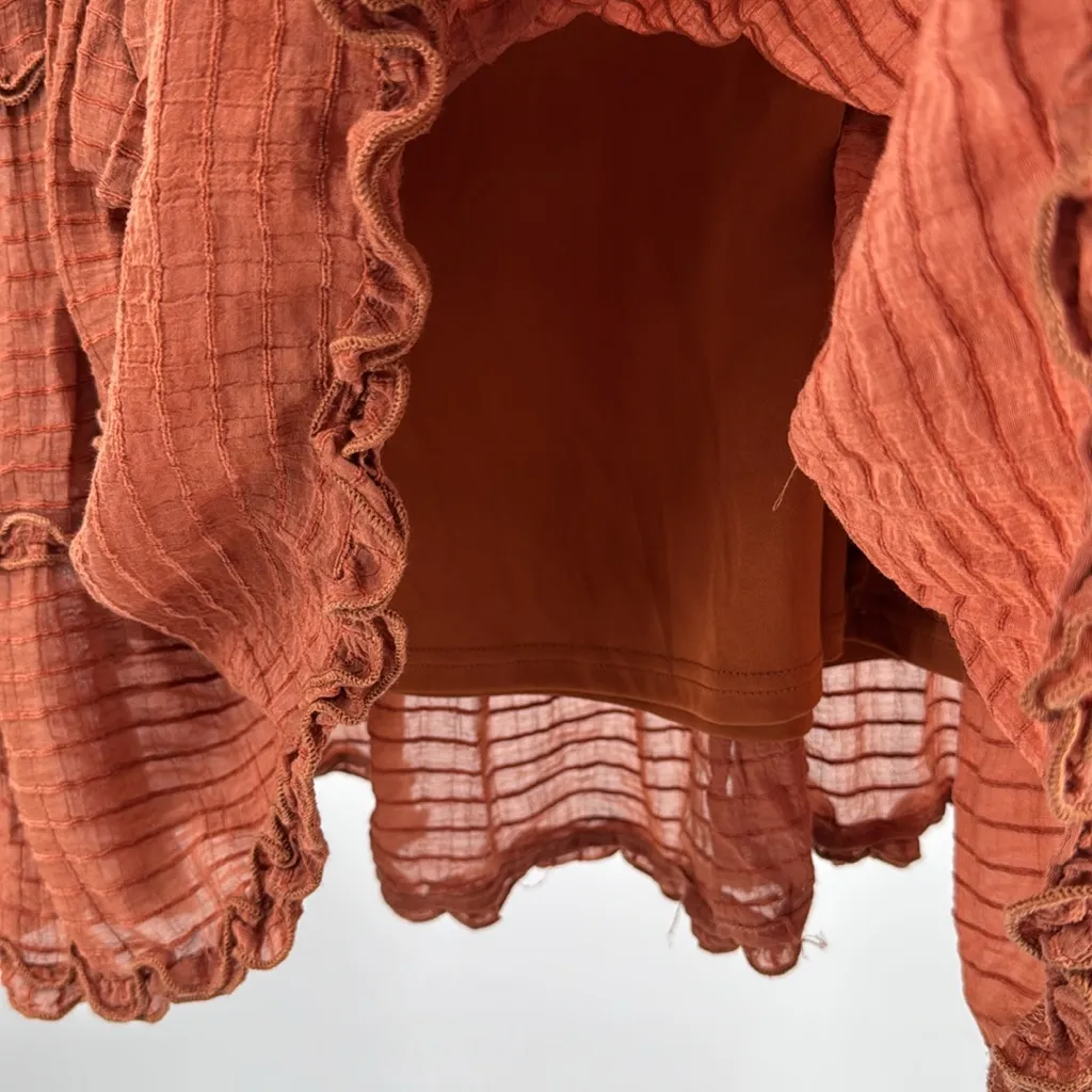 Entro Terracotta V-Neck textured tiered lined Dress S rust puff long sleeve - Image 6