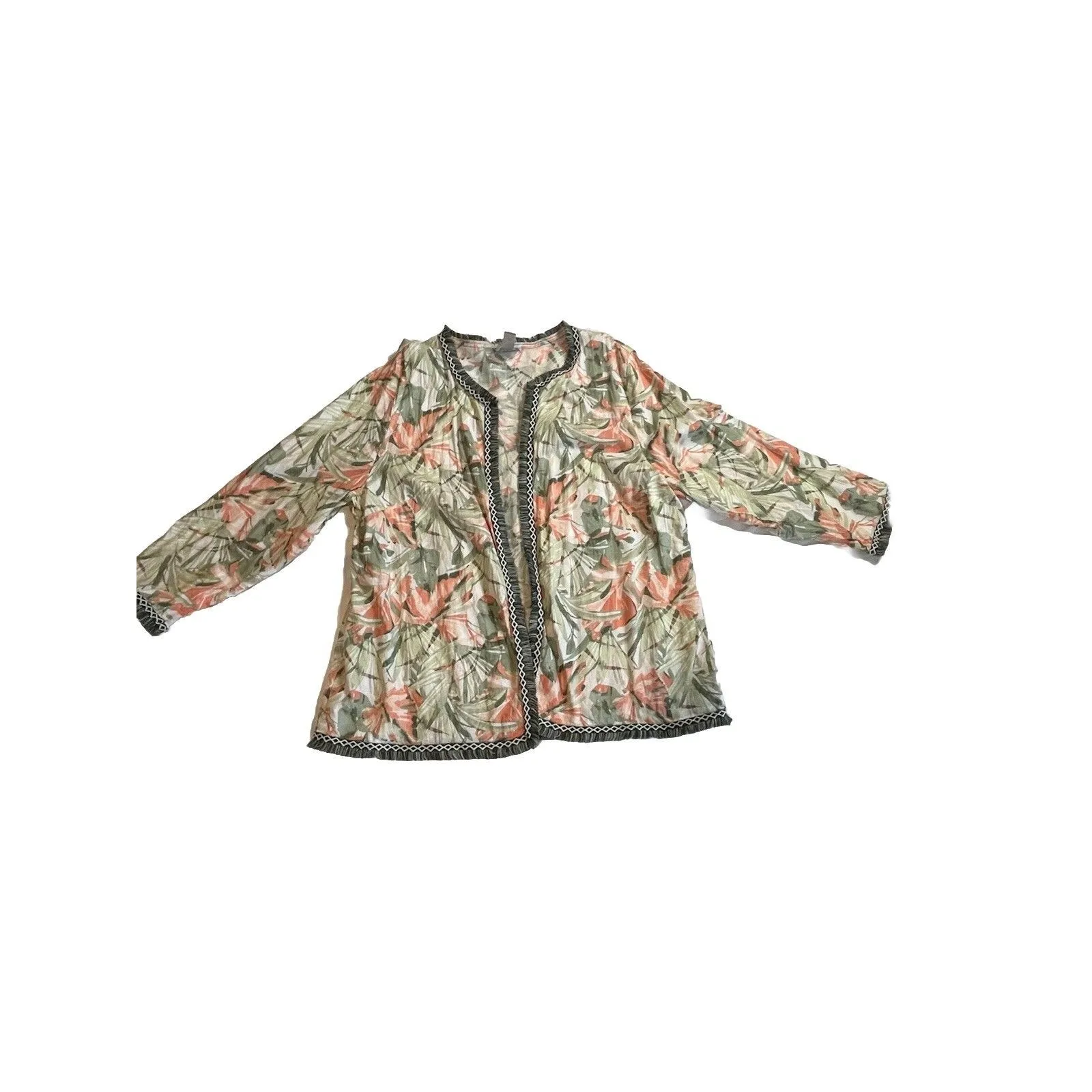 Chicos Havana Fringe Trim Linen Blend Jacket Tropical Floral Size 3 Womens XL - Image 2