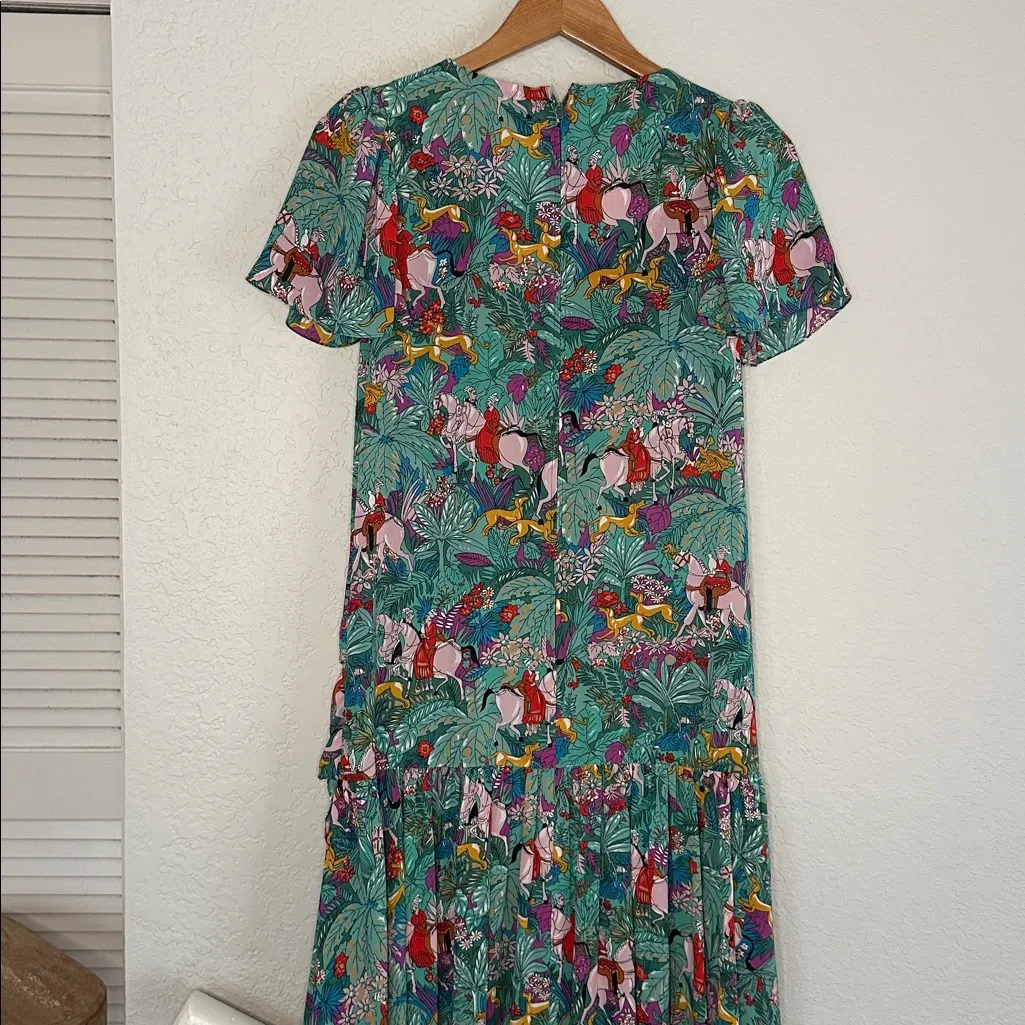 Vintage Jane Schaffhasen Belle France Midi Dress 90s Horse Derby Dog British Green Size 8 - Image 9