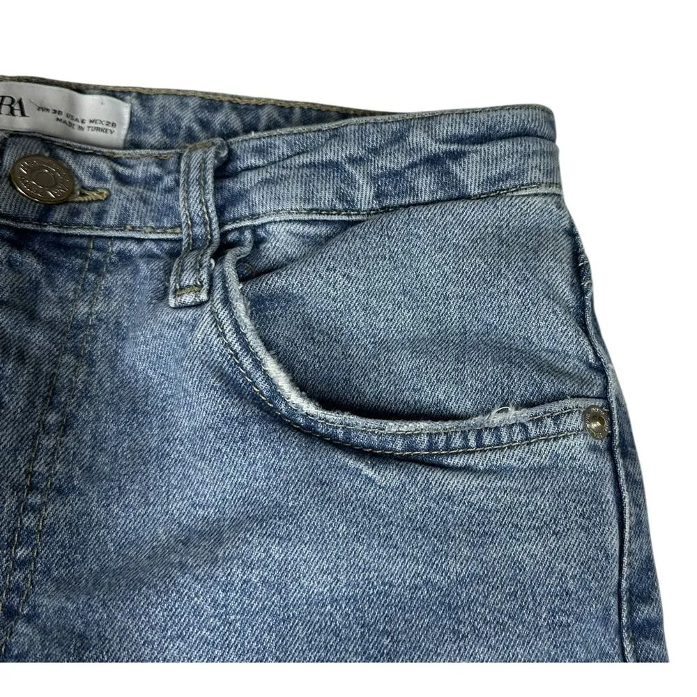 Zara Womens Cropped Jeans Frayed Hem Blue Wash Straight Leg High Rise US 6 EU 38 - Image 6