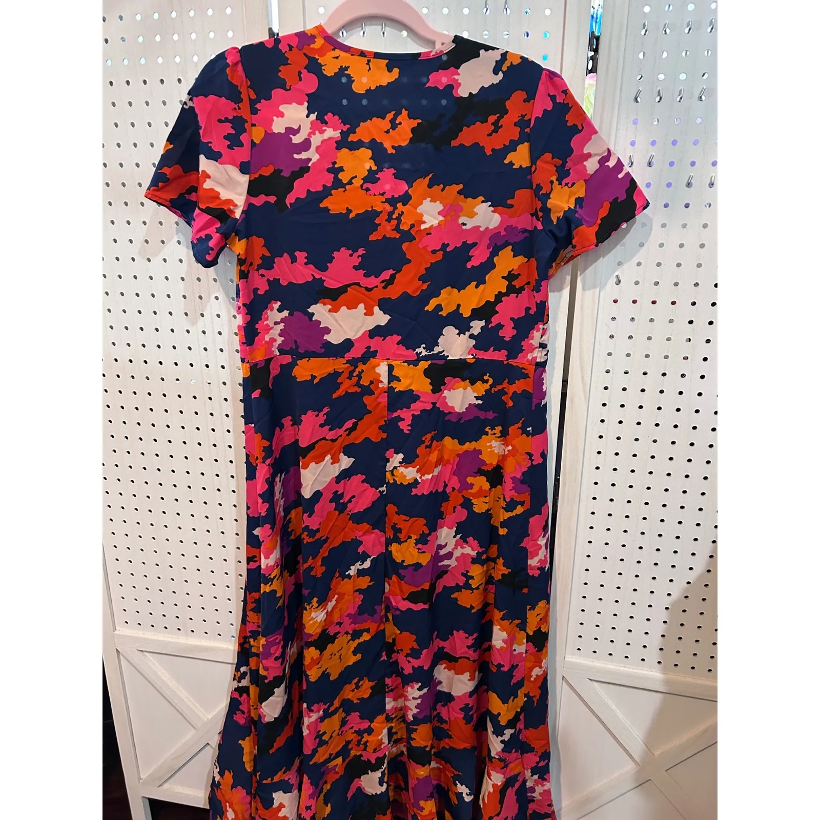 Prettygarden Abstract Print Midi Wrap Dress Short Sleeve Navy Pink Orange Size S - Image 6