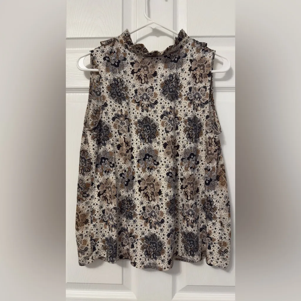 Loft  Floral Ruffle Blouse - Brown and Cream - Image 4