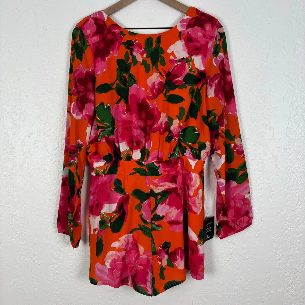 Lulus Sweetest Song Orange Floral Print Backless Long Sleeve Romper NWT Large - Image 3