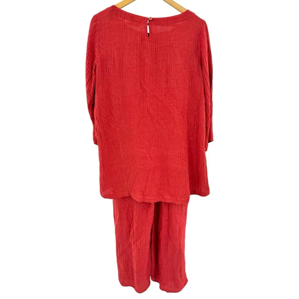 Soft Surroundings Size Medium Oceo Two Piece Set Pants Tunic Red Crinkle Gauze - Image 2