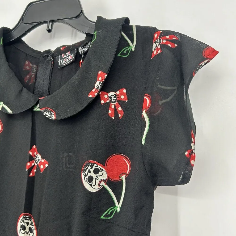 NEW Dead Threads Midi Dress Black Skulls Cherries Fit Flare Gothic Goth Size S - Image 3