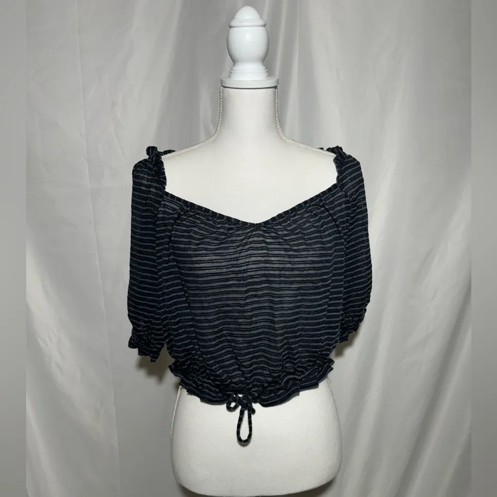 Free People Dorothy Striped Peasant Top Black Blue Drawstring Womens Medium - Image 5