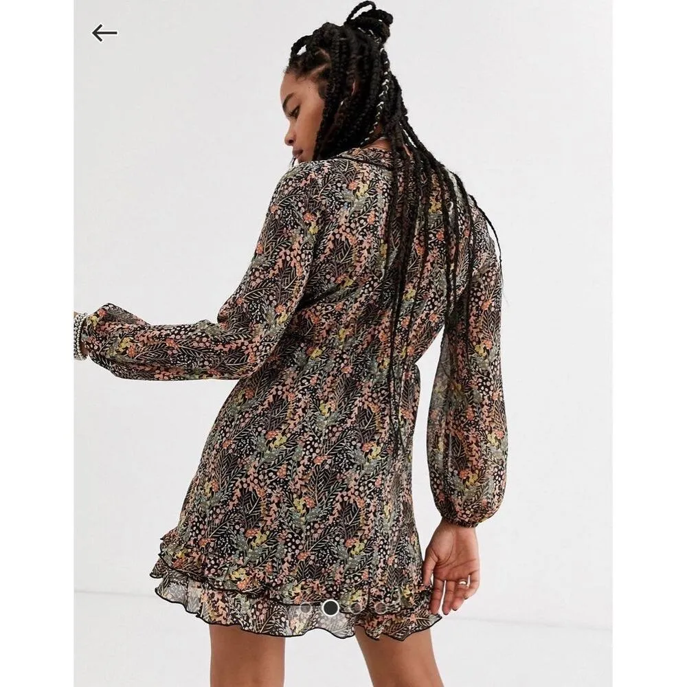 Topshop Surplice Neck Ruffle Sheer Mini Dress Forest Print Lined EUC Sz 6 - Image 16