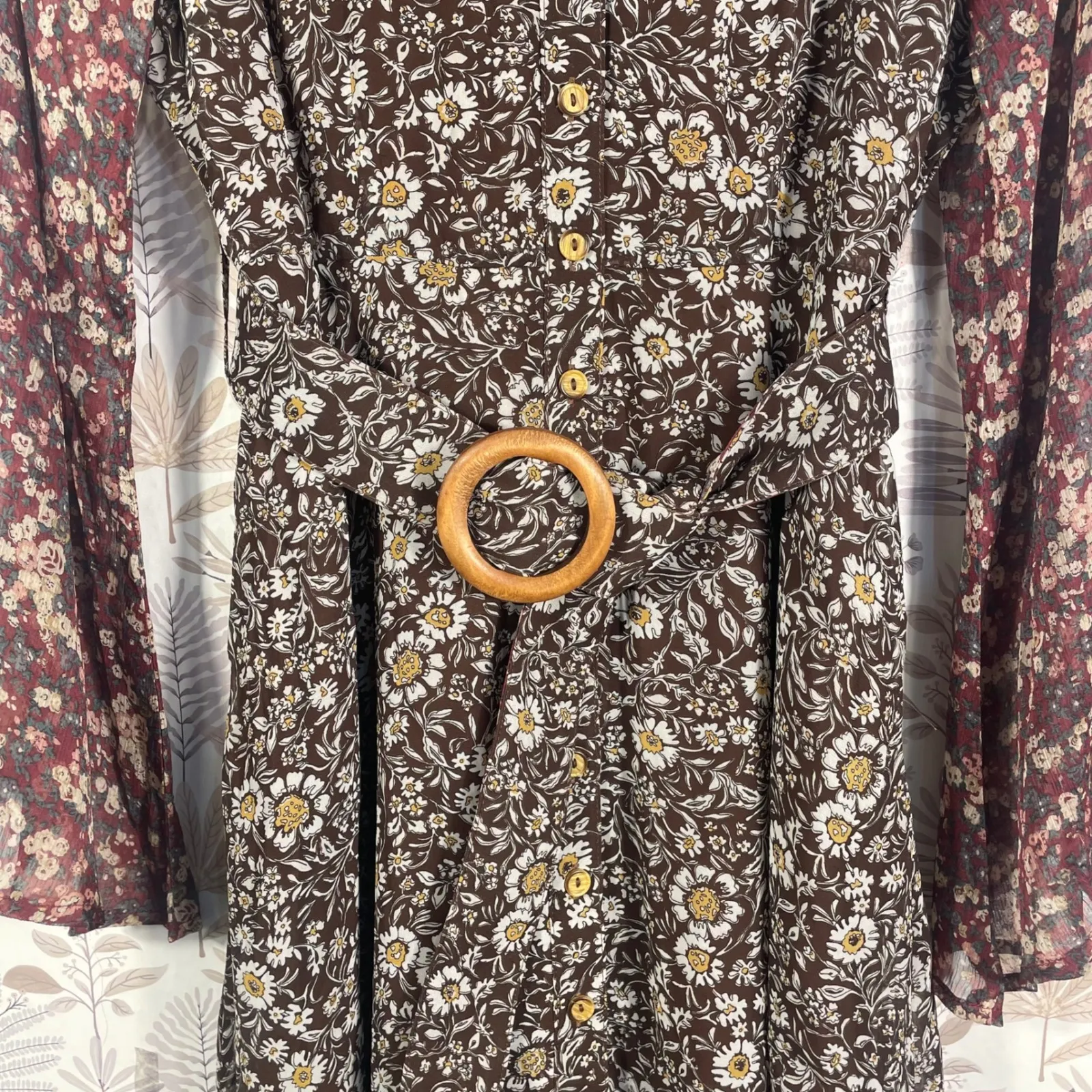 ROOLEE Floral‎ Belted Button Front Dress S Brown Burgundy Long Sleeve Fall Dress - Image 3