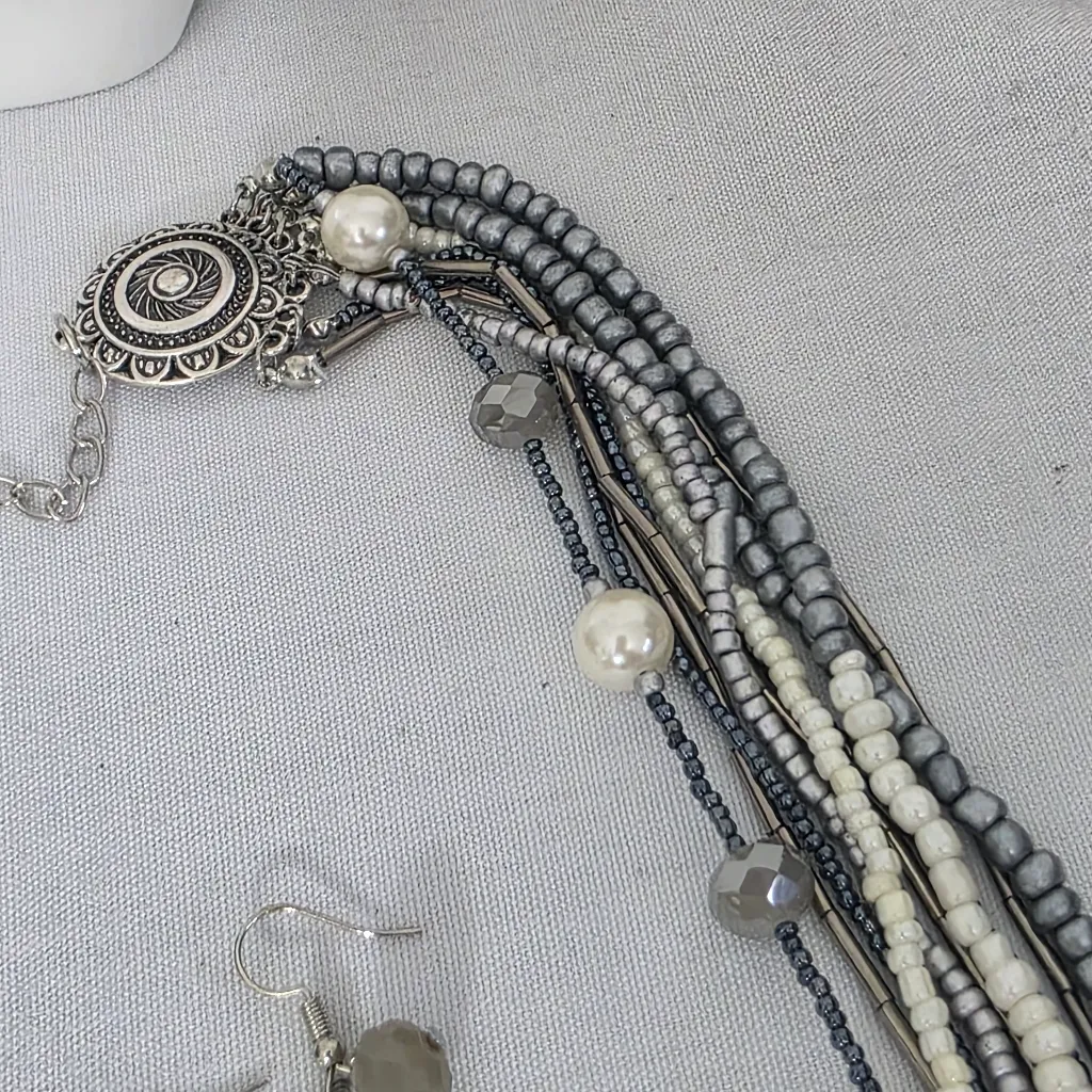 Silver Statement Long Multi Strand Necklace and Earrings Set - Image 8