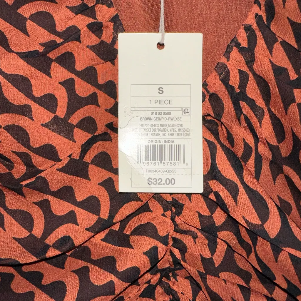 NWT A New Day Long Sleeve Ruched Front Bodycon Dress -  Brown Geo Print Small - Image 3