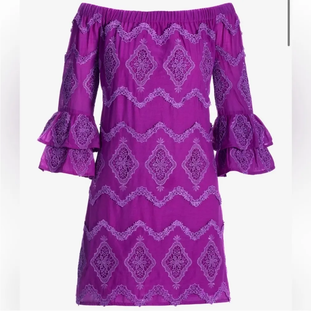 NWT Boston Proper Metallic Lace Off
Shoulder Shift Dress Purple Generous XXS - Image 3