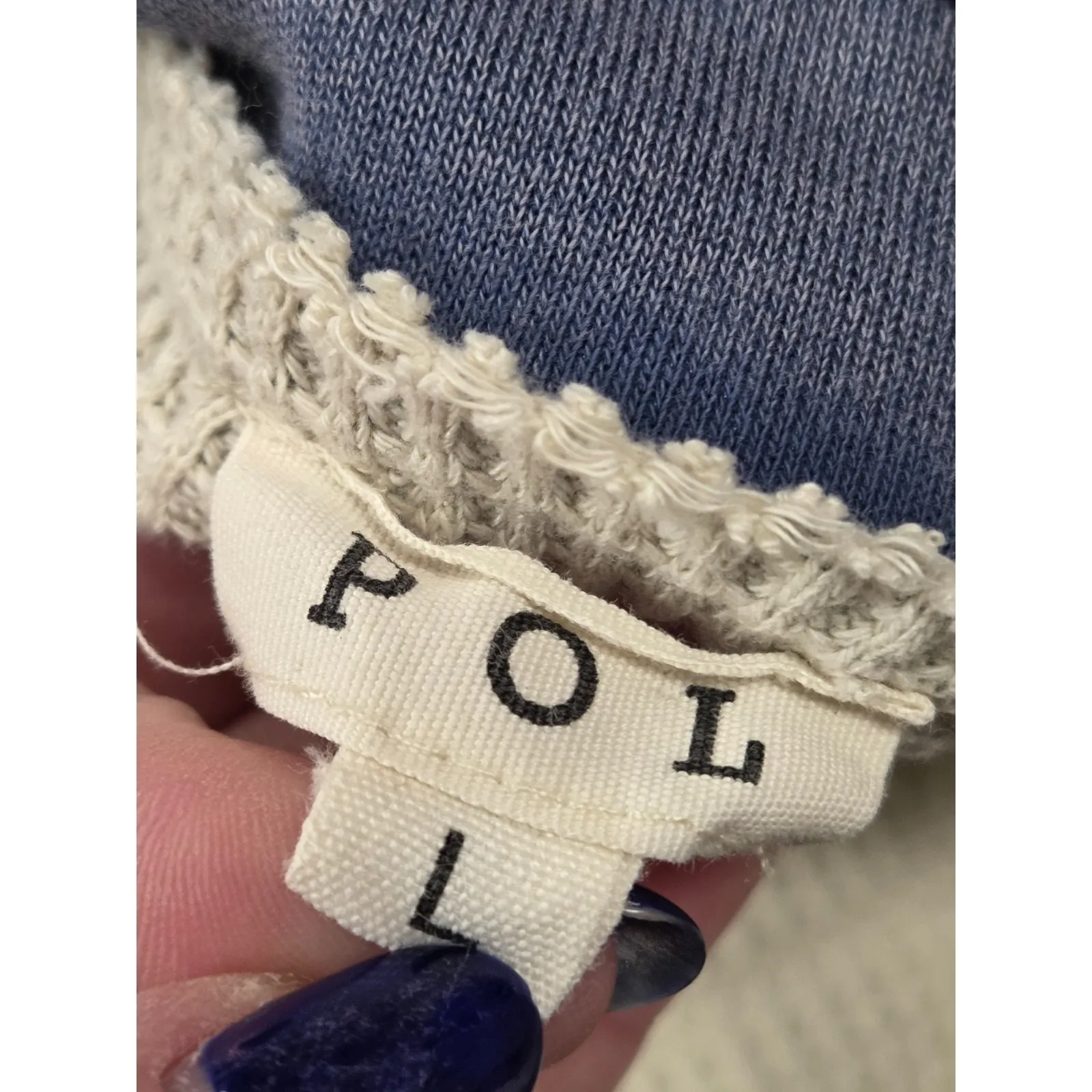 POL Pieced Split Neck Oversized Top Blue Cream Multi Boxy Sweatshirt Large - Image 5