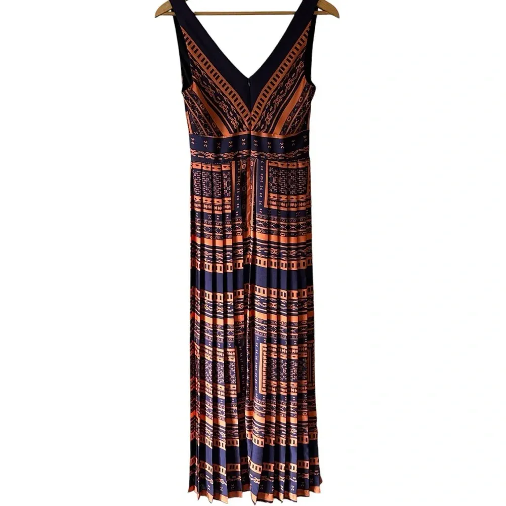 Eva Franco Anthropologie V Neck Boho Indie Tribal Pleated Midi Maxi Dress Sz 6 Orange - Image 3