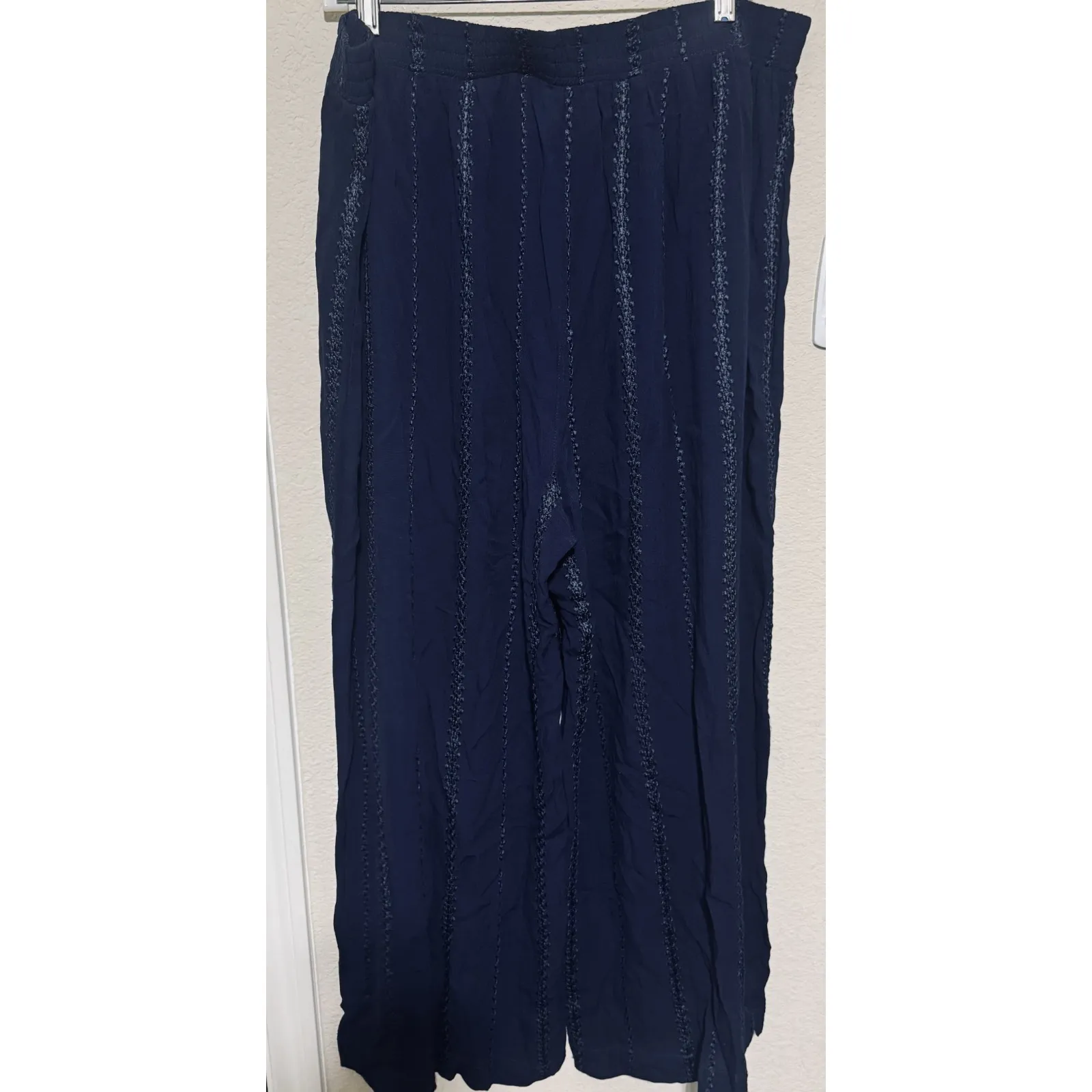 John Mark Navy Blue Wide Leg Cropped Pants Size XL Embroidered Palazzo Boho - Image 6