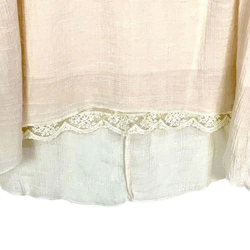 Babydoll Sleeveless Sundress Mini Dress Beige Tunic Floral Appliqué Lace Hem M - Image 2