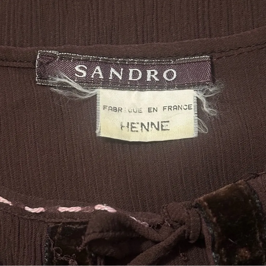 Sandro Women’s Size S Dark Brown Chiffon Velvet Sleeve Tie Neck Top Blouse - Image 6