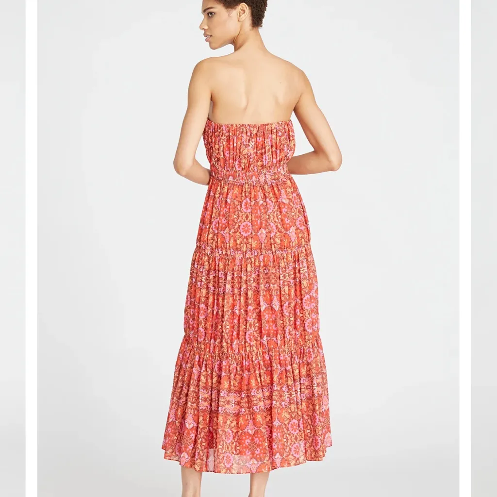 Amur Multicolor Floral Mariana‎ Strapless Cocktail Party Tiered Midi Dress sz 4 Red - Image 2