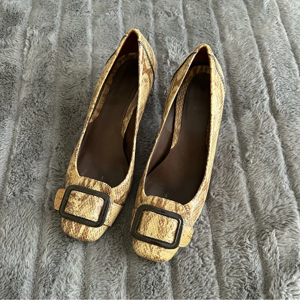 Cole Haan Python Snake Print Tan Brown Buckle Square Toe Pump - Image 2