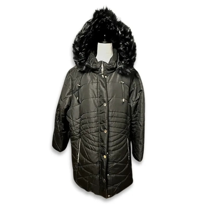 Avenue Puffer Jacket Quilted Design Faux Fur Trim Hooded Solid Black W 14/16 NWT - Image 2