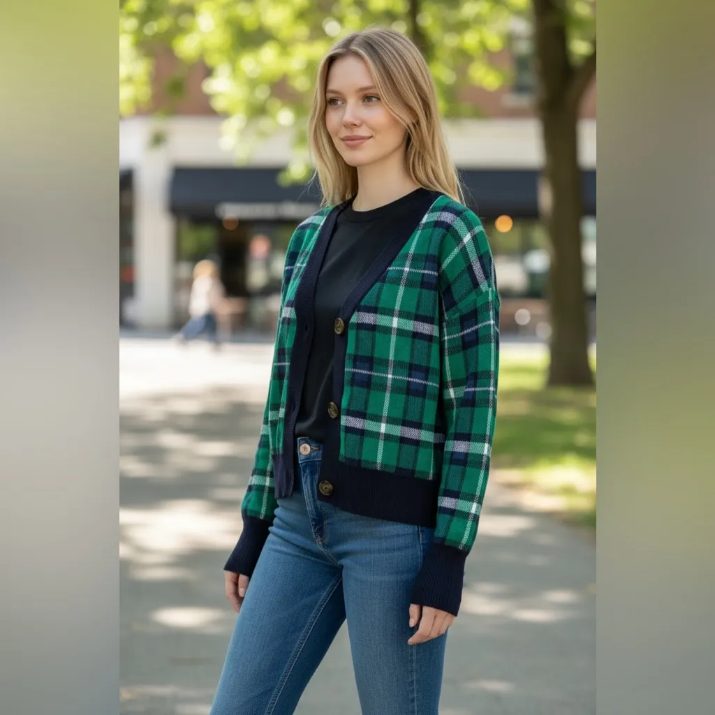 Marled Plaid Green and Navy Women's Sweater cardigan In Size M Size M - Image 5