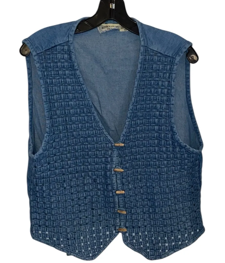 Vintage Blue Woven Denim Jean Vest Toggle Wood Button Closure Boho Western Fall - Image 1