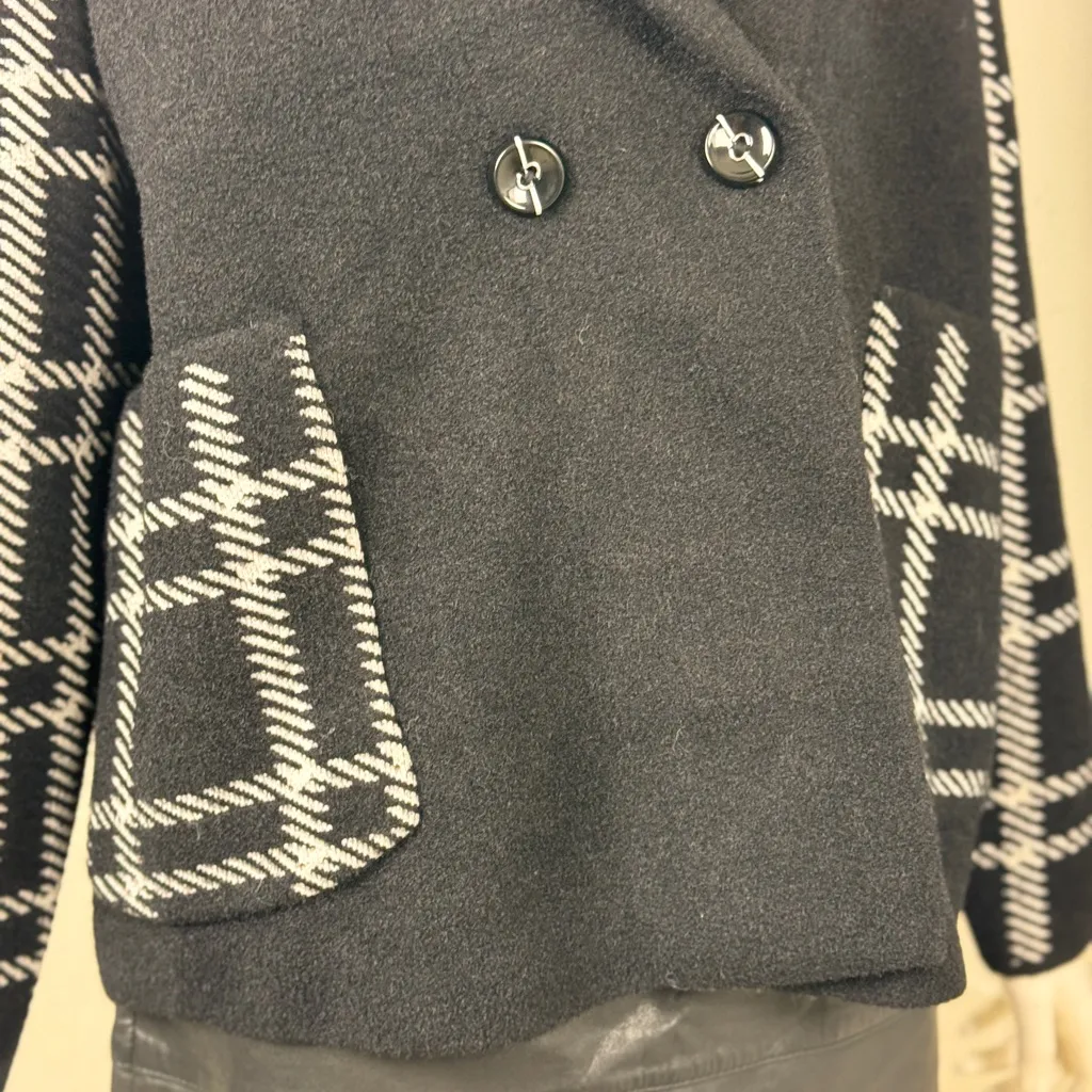 Magaschoni Black and White Plaid Pea Coat Size Large - Image 4