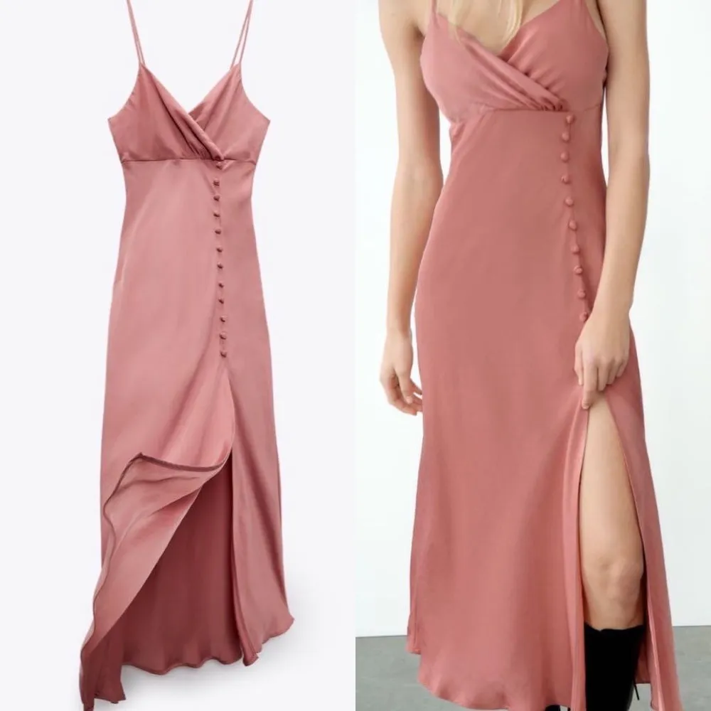 BLOGGERS FAVE!  ZARA SATIN EFFECT Buttoned Slip Midi Dress Dusty  Pink - Image 3