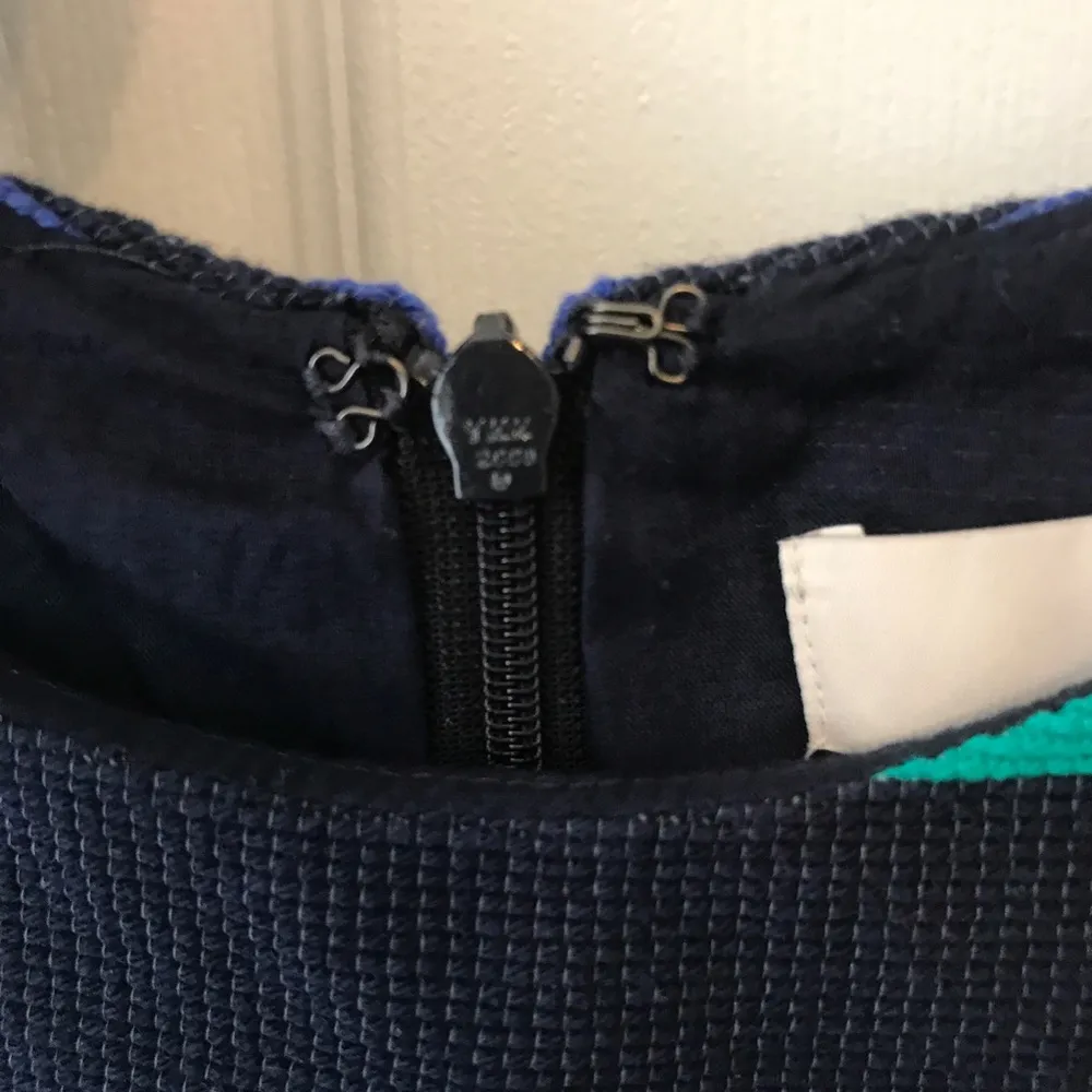 LOFT Dress Striped Scoop Neck Structured Flared Skirt Sz 2 GUC Blue Green Black - Image 5