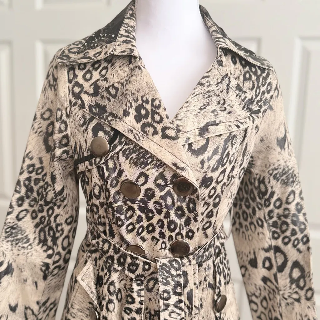 Vintage Leopard Print Jacket Belted Trench Coat Waxed Sequins XS S Small Tan - Image 2