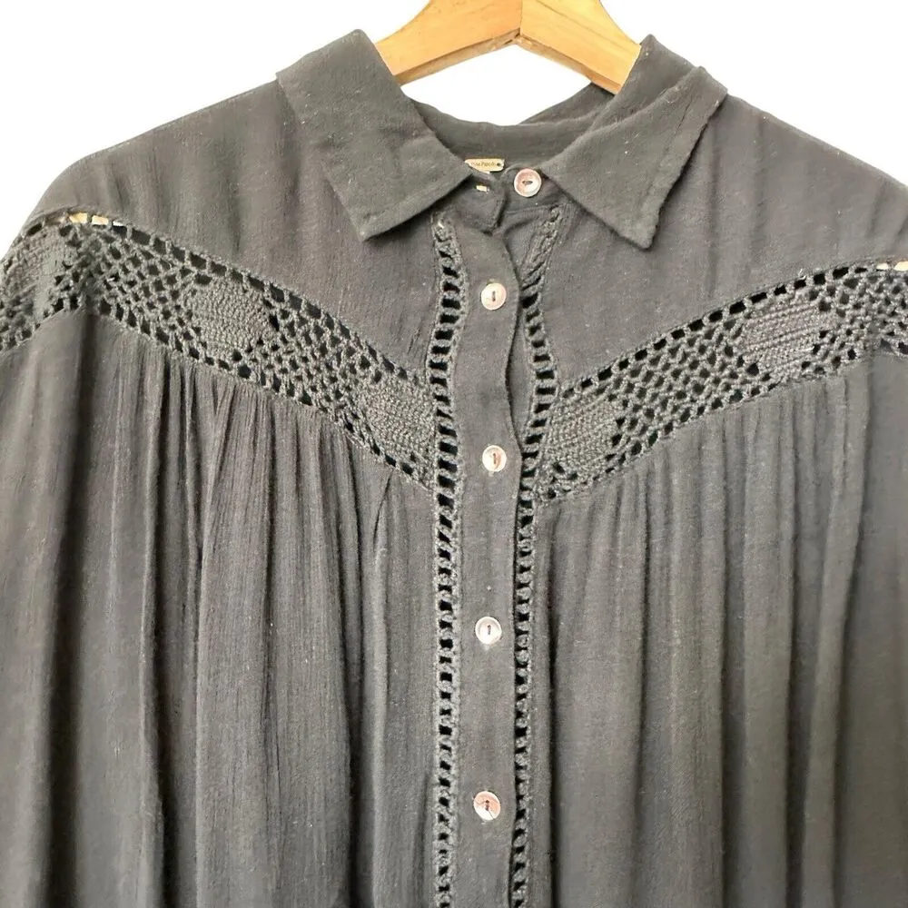 FREE PEOPLE Katie Bird Small Boho Crochet Inset Black Flowy Shirt - Image 4