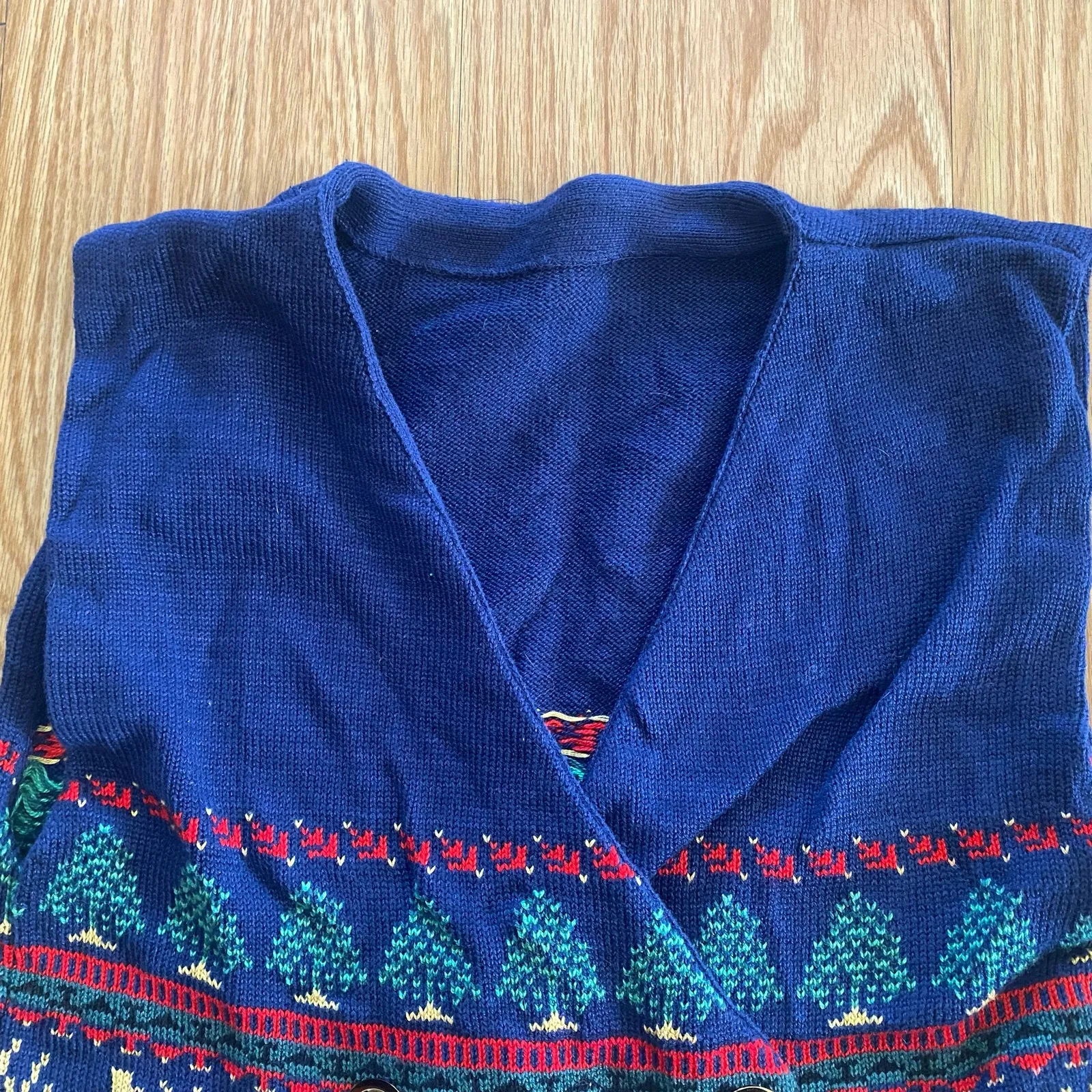Vintage Blue Knit Cotton Christmas Holiday Sweater Vest Reindeer Womens Medium - Image 4