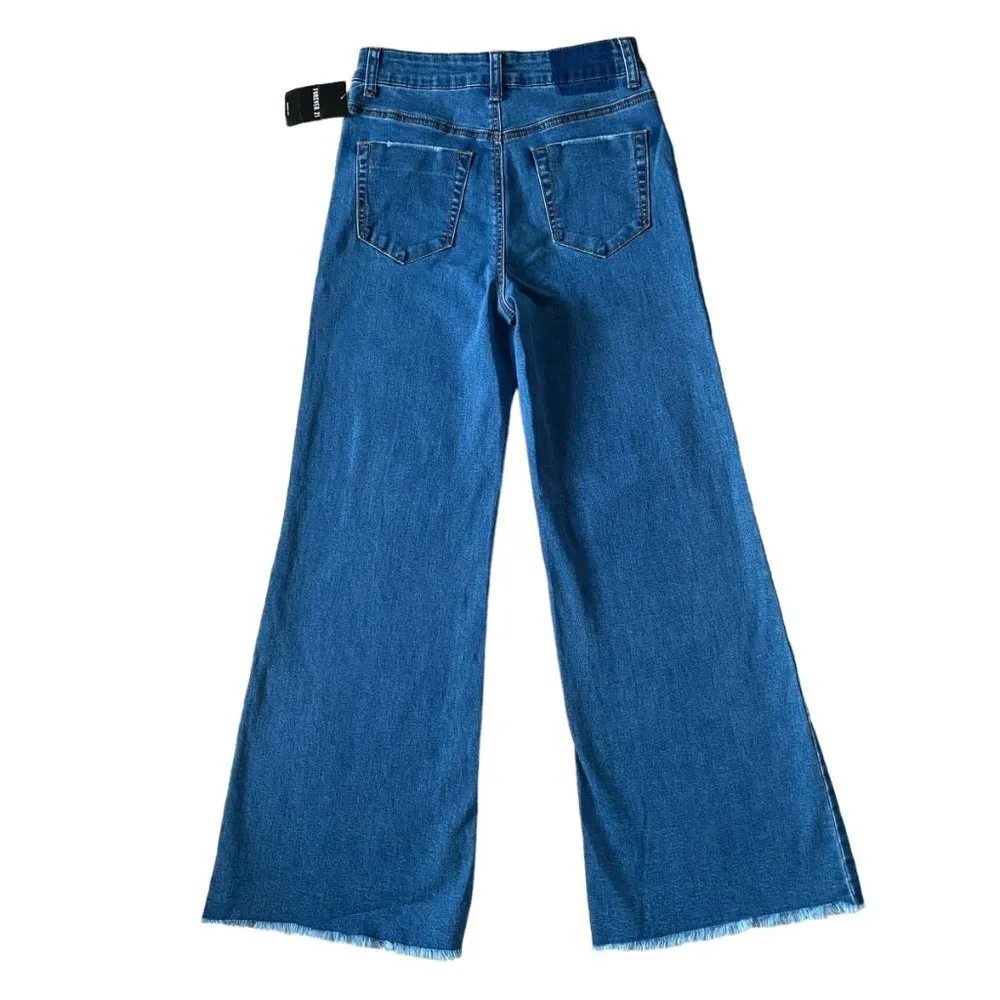 Forever 21 small denim pant/long wide leg frayed hem medium wash button zip - Image 3