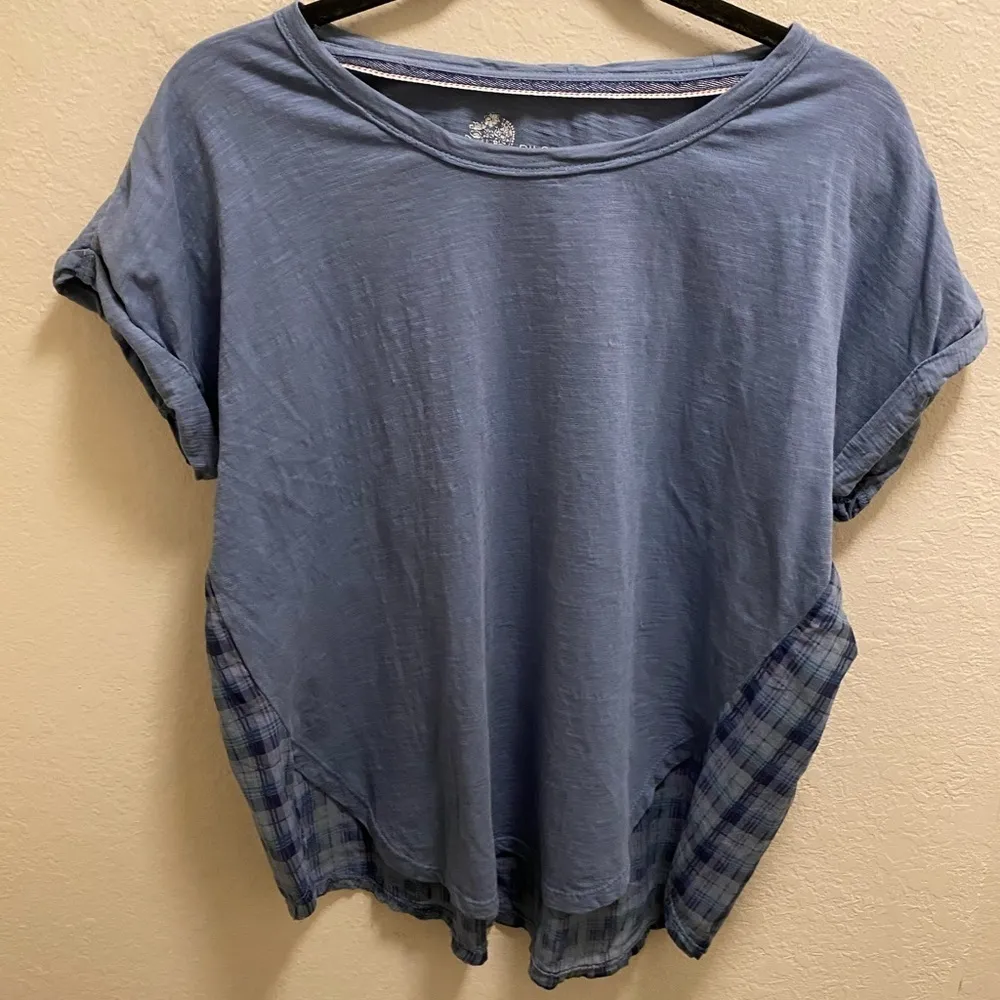 Anthropologie Pilcro Blue Mixed Media Plaid Short Sleeve Cuffed T-Shirt Size XS - Image 4