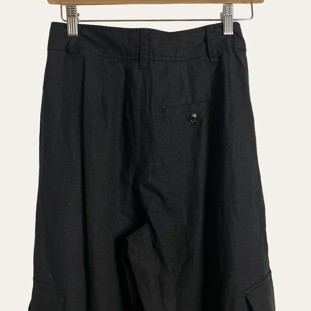 Black Linen Blend Wide Leg Cargo Pants Size 00 - Image 11