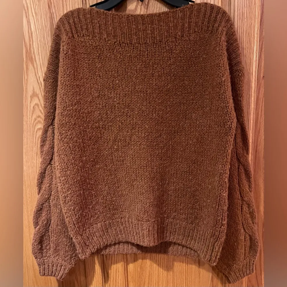 Madewell Cable-Sleeve Boatneck Boxy Cropped Wool Sweater in Saddle Brown Size XS - Image 9