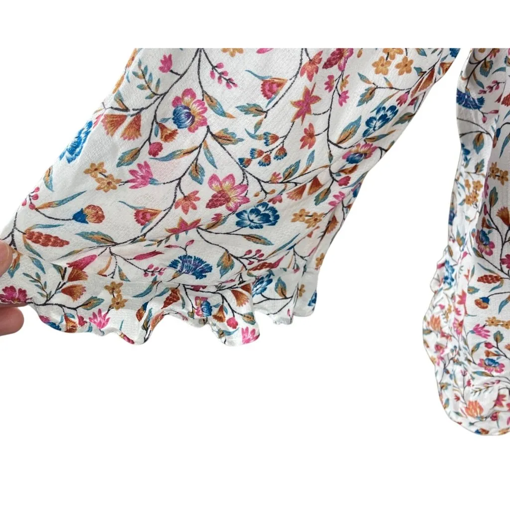 Cynthia Rowley Top Tunic Ruffle Trim Floral Size 1X Gold Pink Teal V-Neck - Image 5